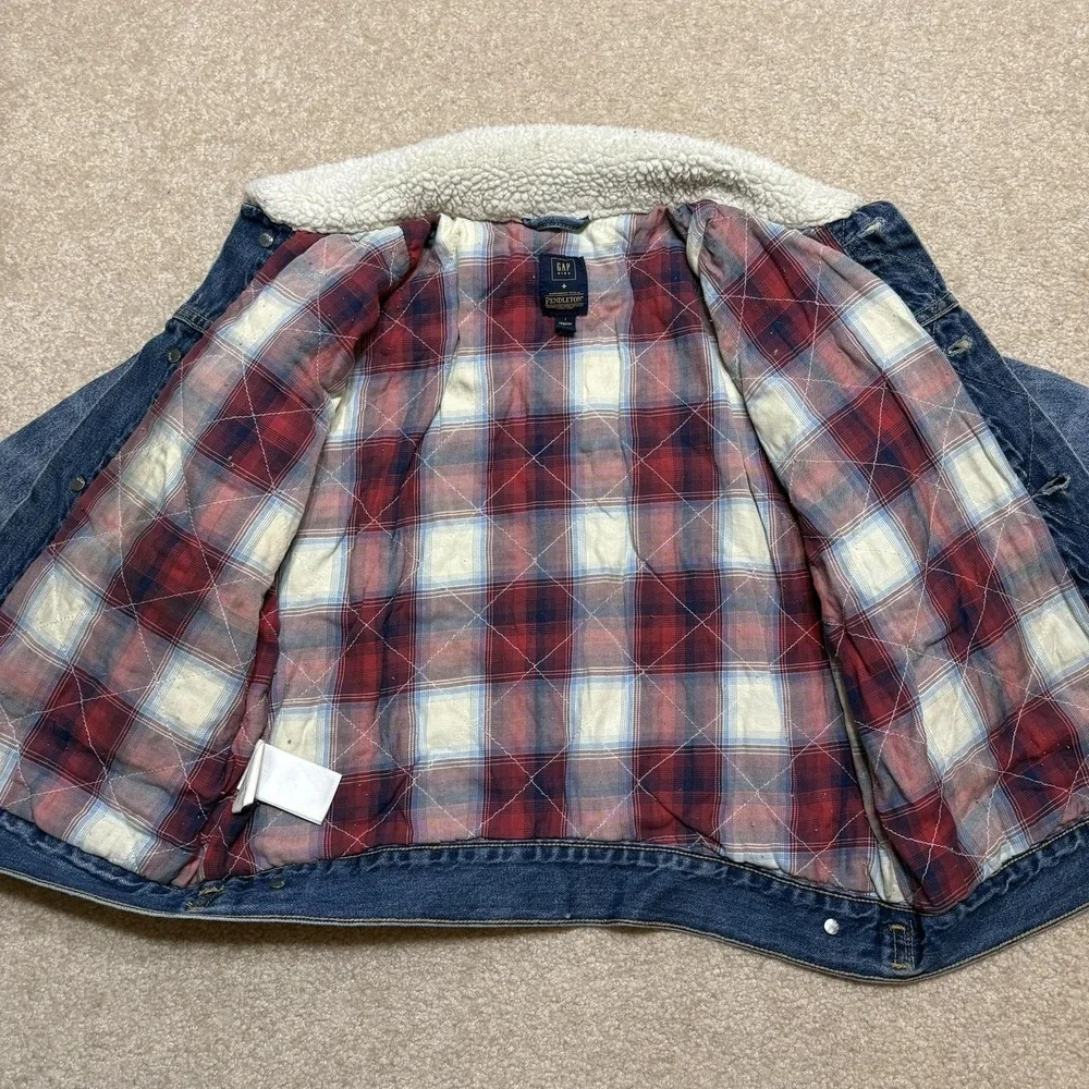 Gap Pendleton Kids Denim Jacket Youth Large 10-11 Blue Sherpa Collar Plaid Lined